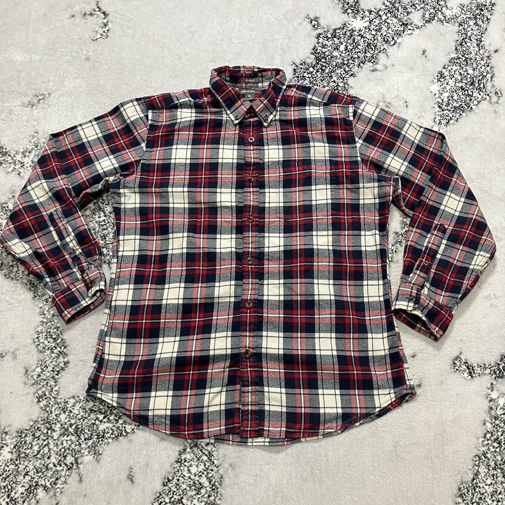 Eddie Bauer Flannel Shirt Mens Medium Relaxed Fit Plaid Button Up Red Blue